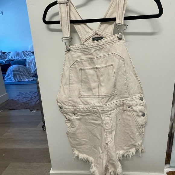 Cream Denim Shortalls with Frayed Hem - Picture 2 of 5